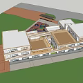 Modern Multistory School Building With White And Wooden Exterior Spacious Balconies Front Lawn People Activities