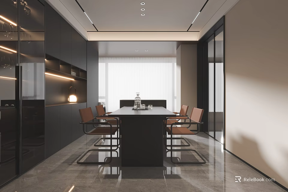 Modern Restaurant Interior With Black Dining Table And Brown Chairs Design 3d model
