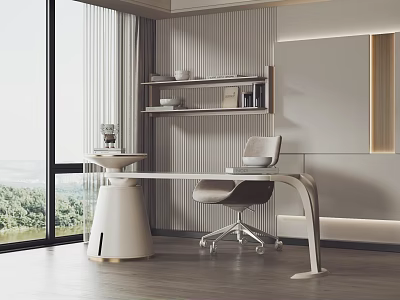 Modern Study Room Interior With Large Windows Scenic View Desk Chair And Shelf Decor 3d model