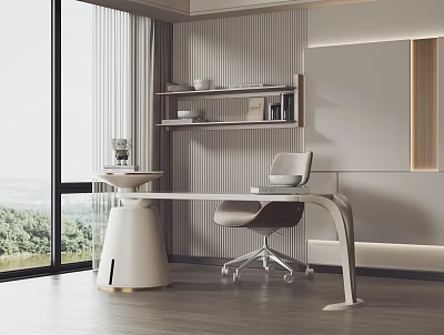 Modern Study Room Interior With Large Windows Scenic View Desk Chair And Shelf Decor 3d model