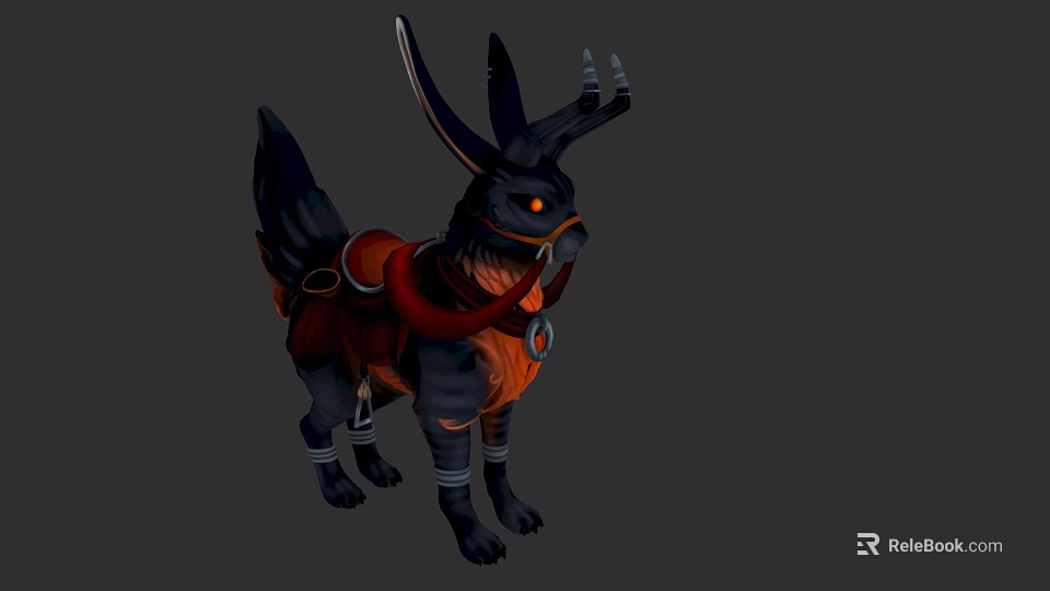 Detailed 3D Rendered Fantasy Creature With Horns Black Orange Fur And Saddle 3d model 