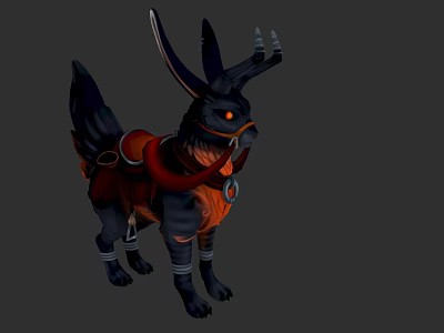 Detailed 3D Rendered Fantasy Creature With Horns Black Orange Fur And Saddle 3d model