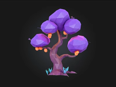 Low Poly Tree With Purple Canopy Brown Trunk Orange Fruits And Blue Grass 3d model