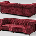 Red Velvet Tufted Sofa With Rolled Arms And Wooden Legs Design