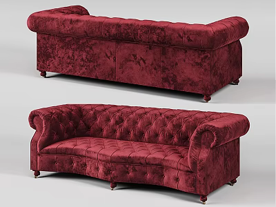 Red Velvet Tufted Sofa With Rolled Arms And Wooden Legs Design 3d model