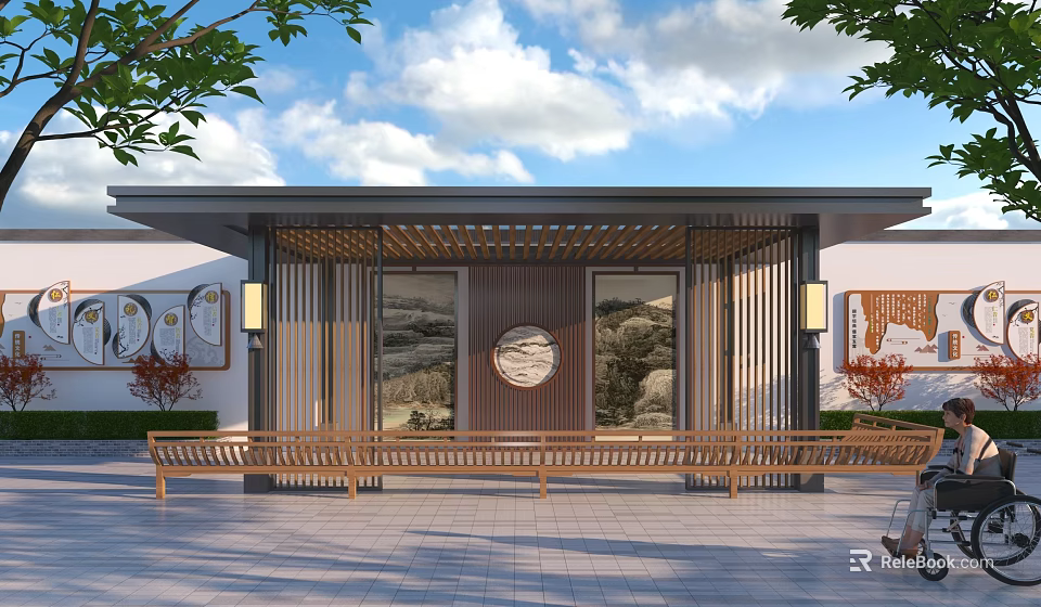 Traditional Wooden Pergola With Bench Seating And Circular Windows Under Cloudy Sky 3d model 