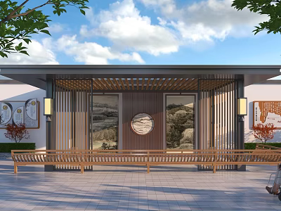 Traditional Wooden Pergola With Bench Seating And Circular Windows Under Cloudy Sky 3d model