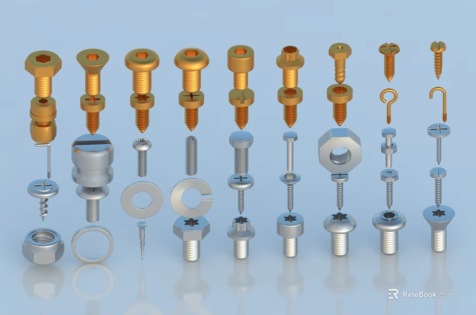 Different Types Of Metal Hardware Tools Featuring Screws Bolts Nuts And Washers 3d model 