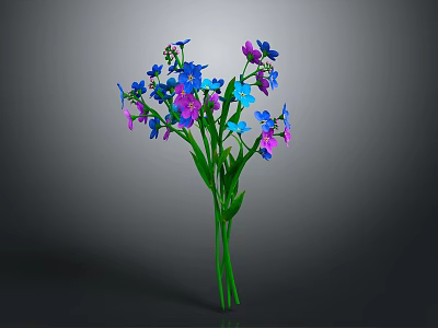 Vibrant Flower Bouquet with Blue Purple Petals Green Stems Leaves in Green Vase on Gray Background 3d model