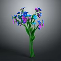 Vibrant Flower Bouquet with Blue Purple Petals Green Stems Leaves in Green Vase on Gray Background