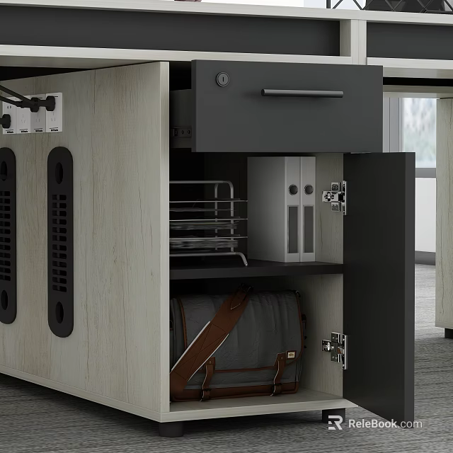 Office Desk With Wood Grain Surface Metal Drawer Handle File Organizer Backpack Open Storage Compartment 3d model 