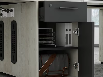 Office Desk With Wood Grain Surface Metal Drawer Handle File Organizer Backpack Open Storage Compartment 3d model