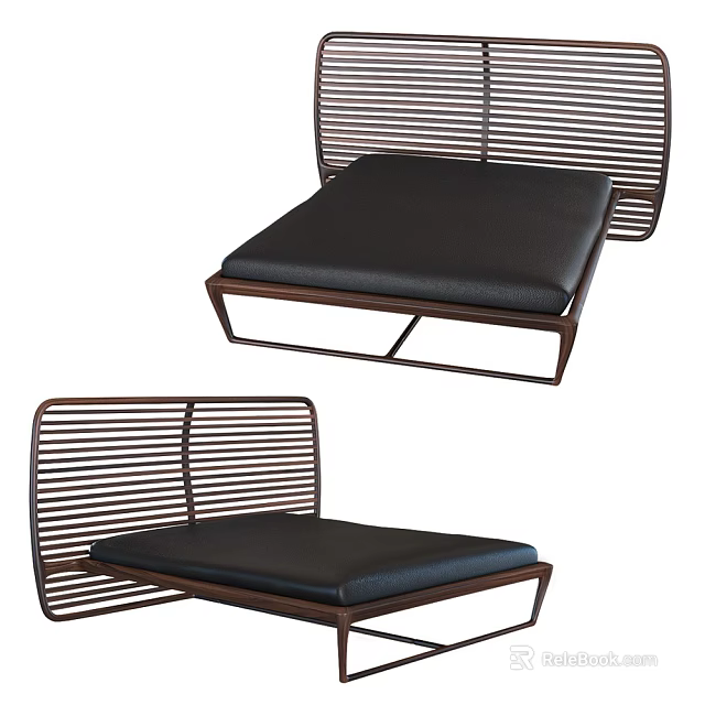Modern Double Bed With Metal Frame Slatted Backrest And Black Cushion 3d model 