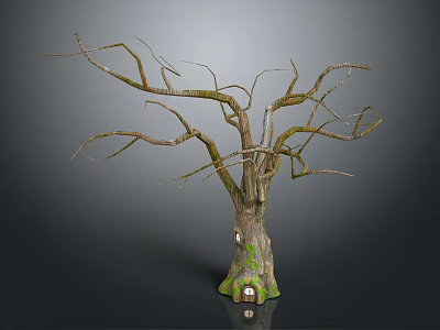 Wooden Tree Trunk With Stone Base And Branch Structure Featuring Small House Design 3d model