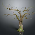 Wooden Tree Trunk With Stone Base And Branch Structure Featuring Small House Design 3d model