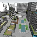Modern Office Buildings Complex With Green Roofs Courtyards Pool And Connected Structures 3d model