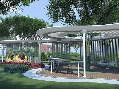 Modern Outdoor Pergola With Curved Design Trees Lawn Seating And Circular Decorations 3d model