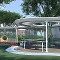 Modern Outdoor Pergola With Curved Design Trees Lawn Seating And Circular Decorations