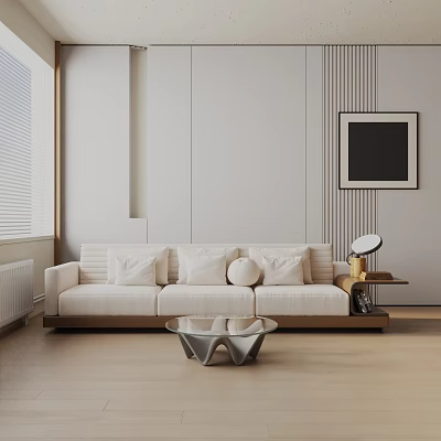 Modern Living Room White Three-Seater Sofa With Wooden Base Pillows And Side Table Painting 3d model