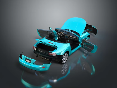 Bright Blue Sports Car With Open Doors And Hood On Reflective Surface 3d model