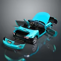 Bright Blue Sports Car With Open Doors And Hood On Reflective Surface