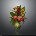 Vibrant Tropical Flower Arrangement In Colorful Glass Vase With Green Leaves And Red Blooms