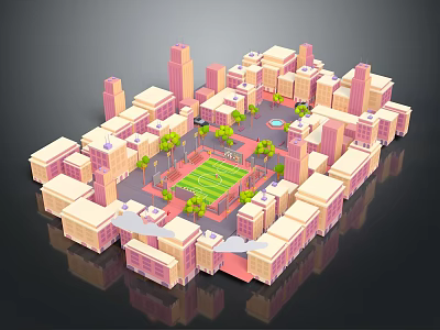Cartoon City Scene With Colorful Buildings Central Green Square Trees And Fountains 3d model