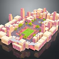 Cartoon City Scene With Colorful Buildings Central Green Square Trees And Fountains