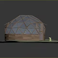 Glass Dome Greenhouse Structure With Wooden Frame Glass Panels And Small Yellow Object