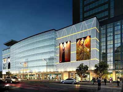 Modern Office Building with Glass Curtain Wall Night View Large Billboards Pedestrians and Vehicles 3d model