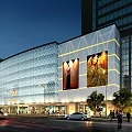 Modern Office Building with Glass Curtain Wall Night View Large Billboards Pedestrians and Vehicles