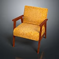 Stylish Armchair With Yellow Patterned Cushion Backrest And Wooden Armrests Legs