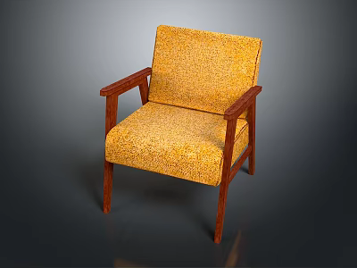 Stylish Armchair With Yellow Patterned Cushion Backrest And Wooden Armrests Legs 3d model