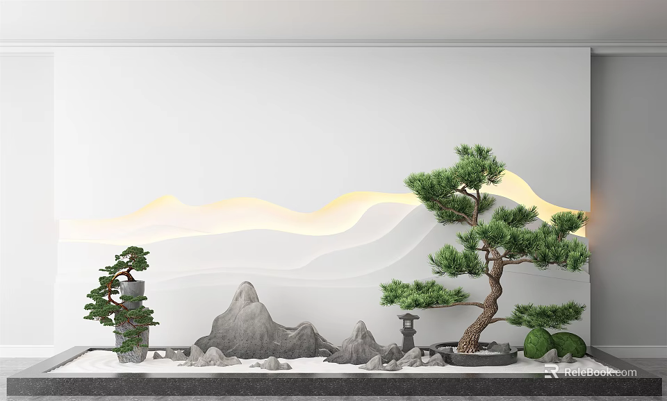 Garden Decor Scene With Pine Bonsai Rock Formations Stone Lantern And Wavy Light Backdrop 3d model 