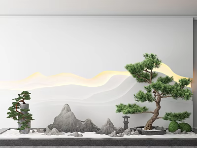 Garden Decor Scene With Pine Bonsai Rock Formations Stone Lantern And Wavy Light Backdrop 3d model