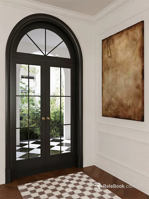 Black Arched Double Door With Glass Panes Golden Handles And Green Plants View 3d model 