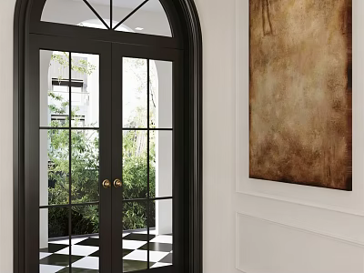 Black Arched Double Door With Glass Panes Golden Handles And Green Plants View 3d model