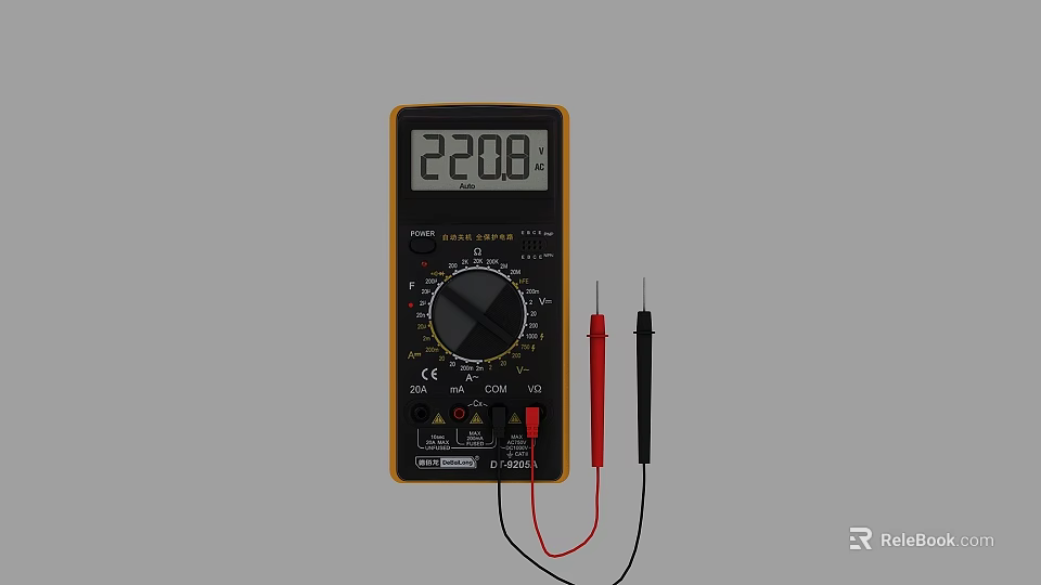 Digital Multimeter With 2200 Reading On Display And Red Black Test Leads 3d model 