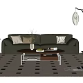 Stylish Green Sofa Coffee Table Set with Pillows Fruits Vase Magazines Floor Lamp and Rug