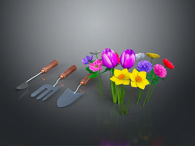 Vibrant Multicolored Flowers With Shovel Rake And Trowel Garden Tools 3d model