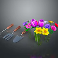 Vibrant Multicolored Flowers With Shovel Rake And Trowel Garden Tools