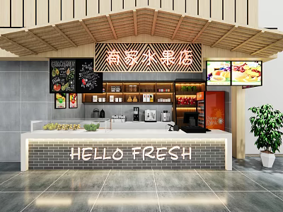 Fresh Fruit Store Interior With Hello Fresh Sign And Fruit Display Counter 3d model