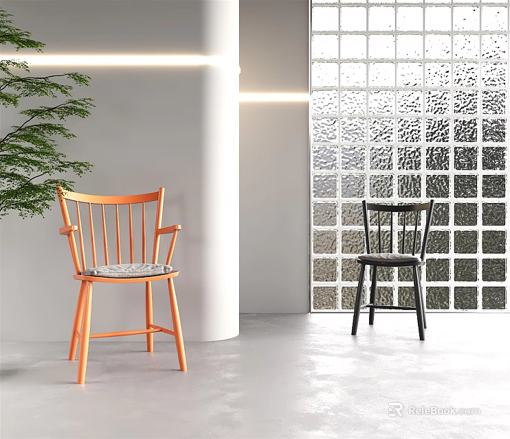 Orange Black Leisure Chairs in Modern Interior with Glass Block Wall White Pillar Green Plant 3d model 