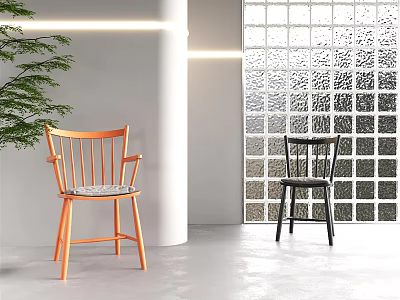 Orange Black Leisure Chairs in Modern Interior with Glass Block Wall White Pillar Green Plant 3d model