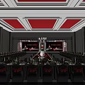 Elegant Banquet Hall Setup With Long Dining Tables Black Chairs And Red Stage Lighting