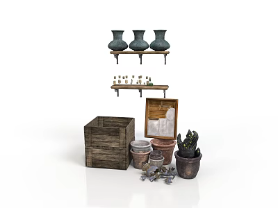 Rustic Furniture Shelves And Wooden Crate With Ceramic Vases Potted Plants And Picture Frame 3d model