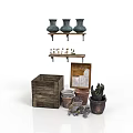 Rustic Furniture Shelves And Wooden Crate With Ceramic Vases Potted Plants And Picture Frame