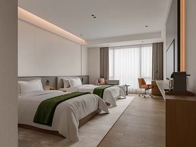 Modern Hotel Guest Room Interior With Twin Beds Green Throws And Wooden Furniture 3d model