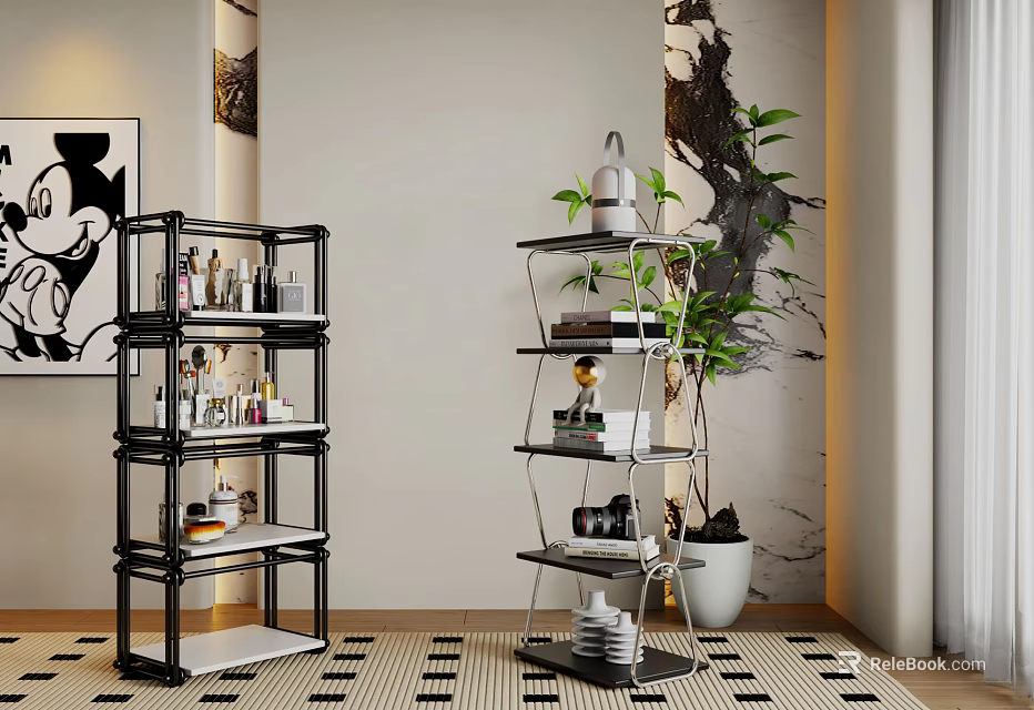 Modern Black Multi Tiered Shelving Units With Books Dishes And Potted Plant On Geometric Rug 3d model 