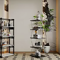 Modern Black Multi Tiered Shelving Units With Books Dishes And Potted Plant On Geometric Rug